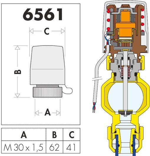 Электропривод термостата 220V 3W с выключателем нормально закрытый (80см) Caleffi (656112) 656112 фото