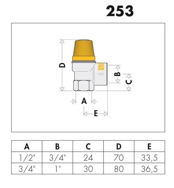Мембранный клапан 1/2"&times;3/4" ВВ Caleffi Solar 4 бар 30-160&deg;C (art.253044) 253044 фото